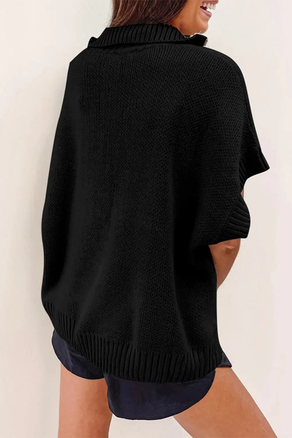 Black Quarter Zip Short Batwing Sleeve Sweater-1