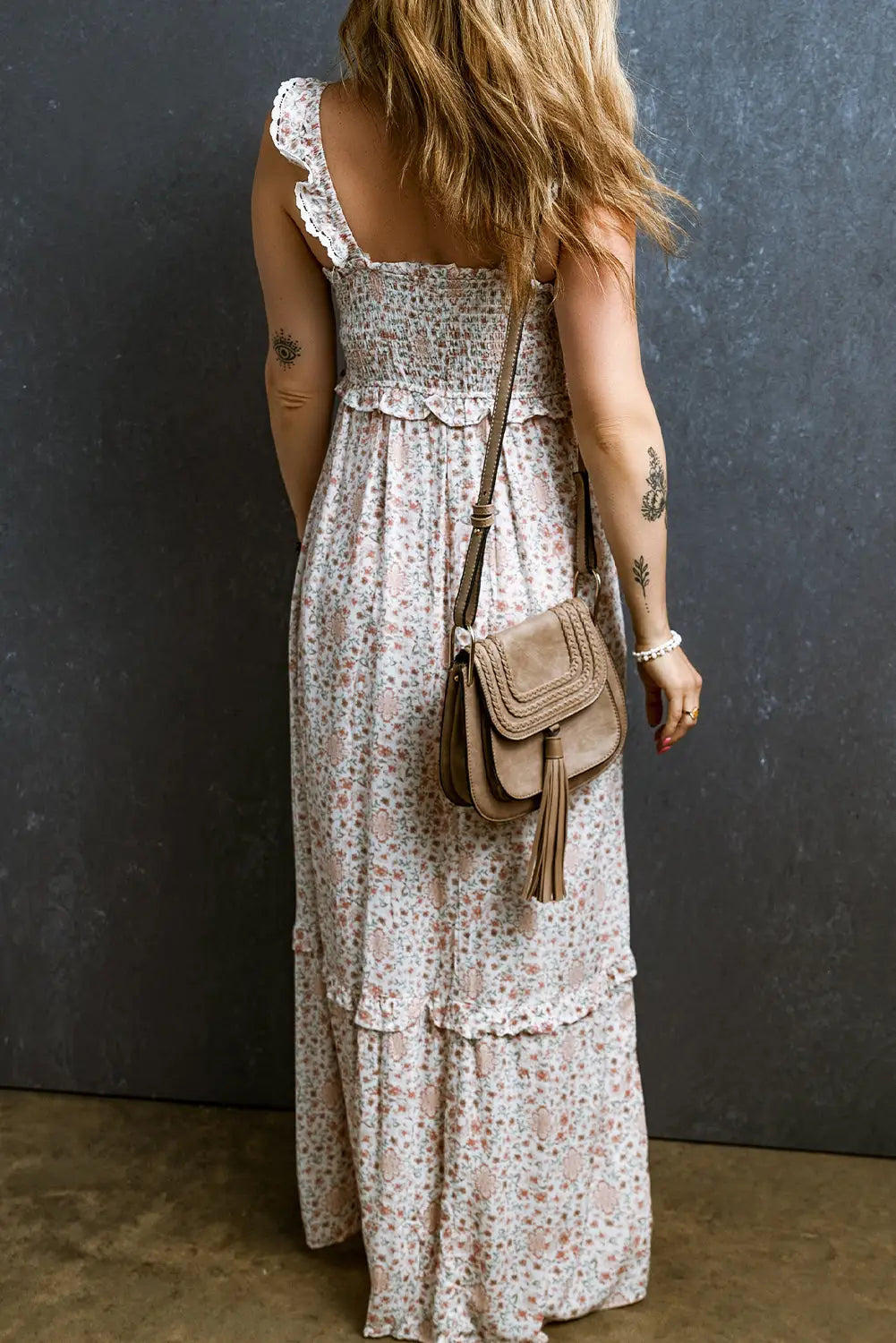 Floral Maxi Dress - White Lace Frilly Straps Shirred-1