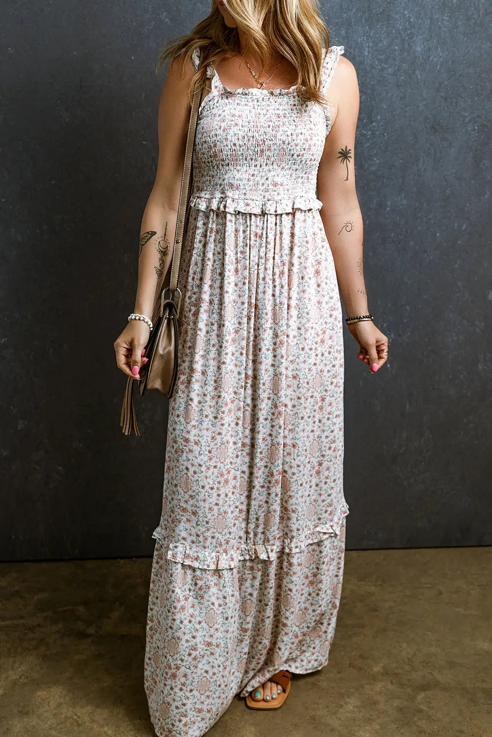 Floral Maxi Dress - White Lace Frilly Straps Shirred-2