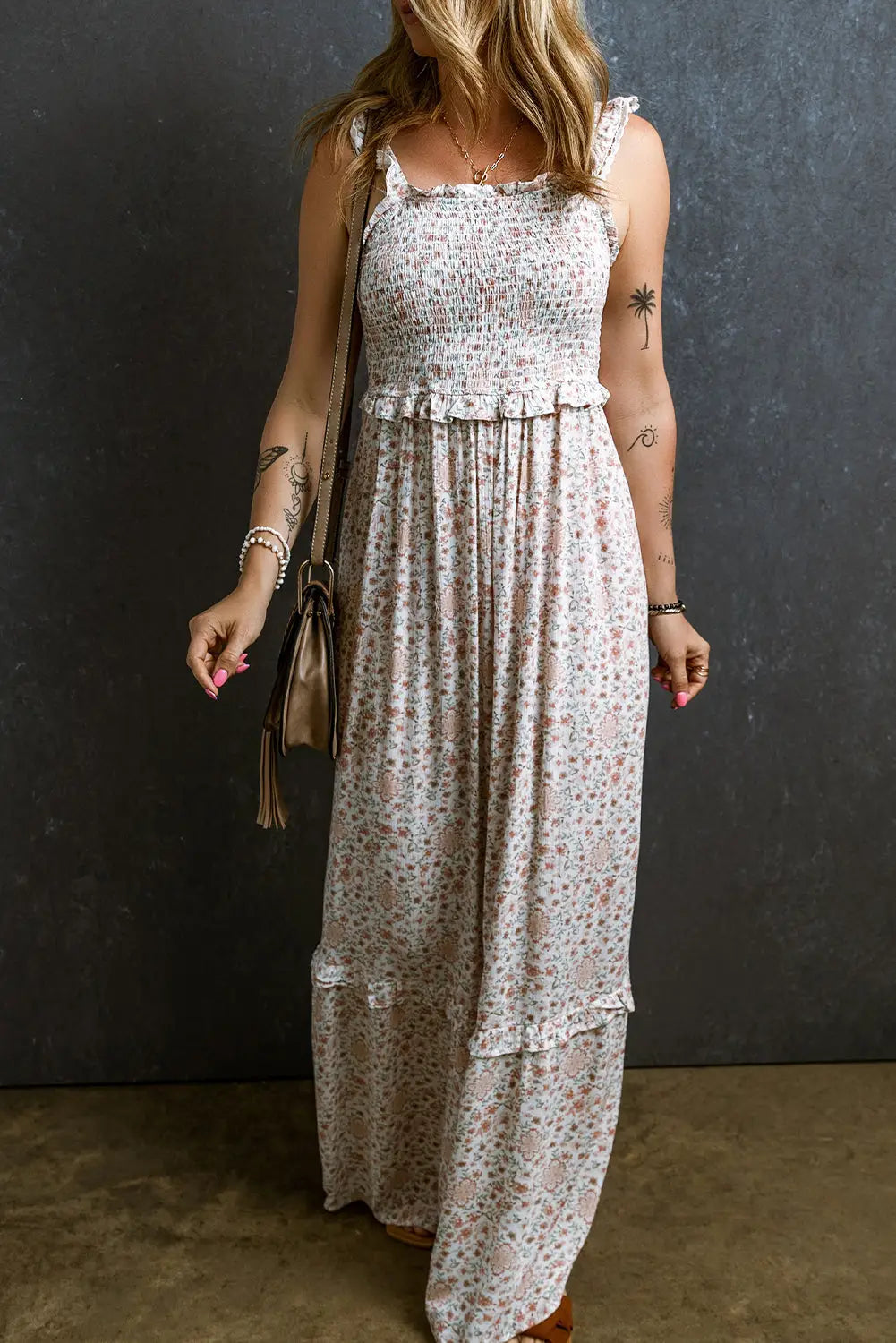 Floral Maxi Dress - White Lace Frilly Straps Shirred-3