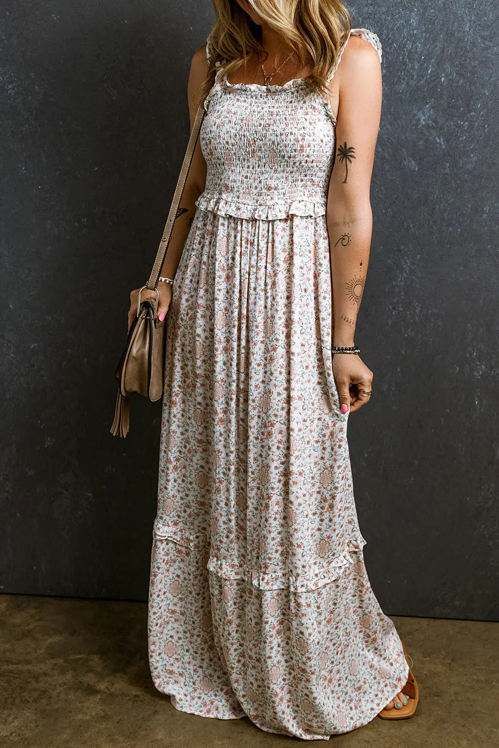 Floral Maxi Dress - White Lace Frilly Straps Shirred-0