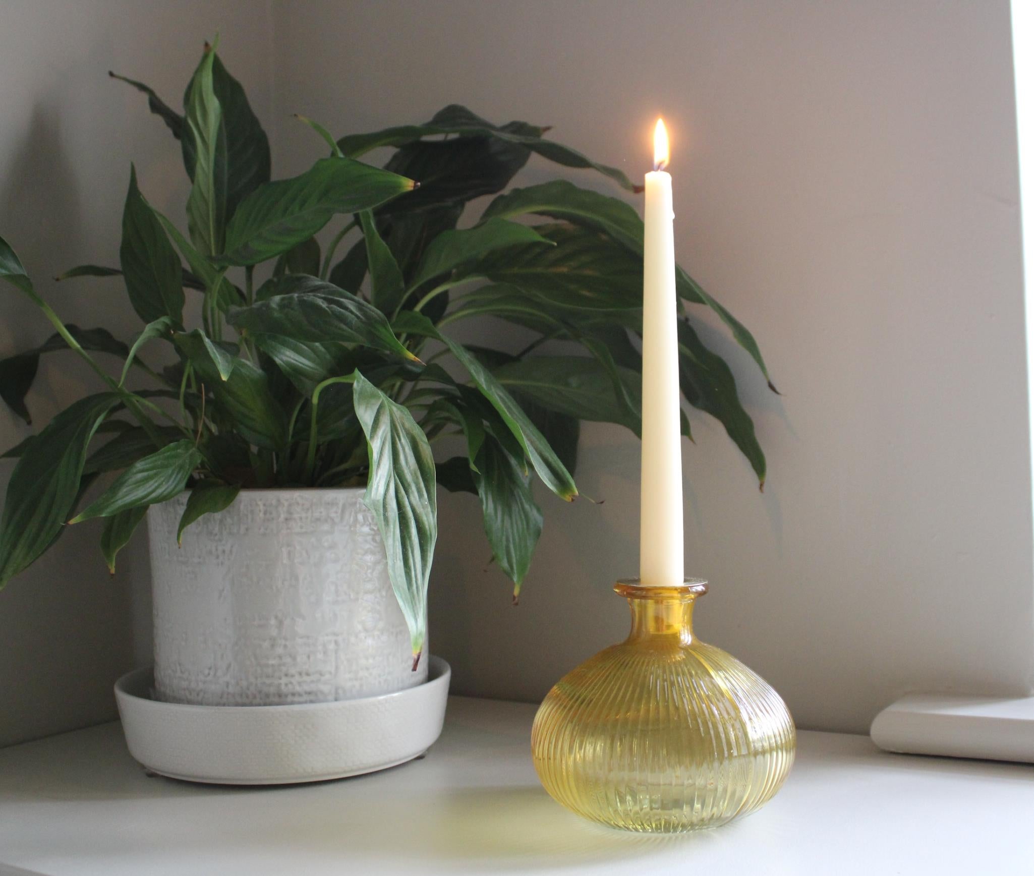 Yellow Ribbed Glass Candle Holder-1