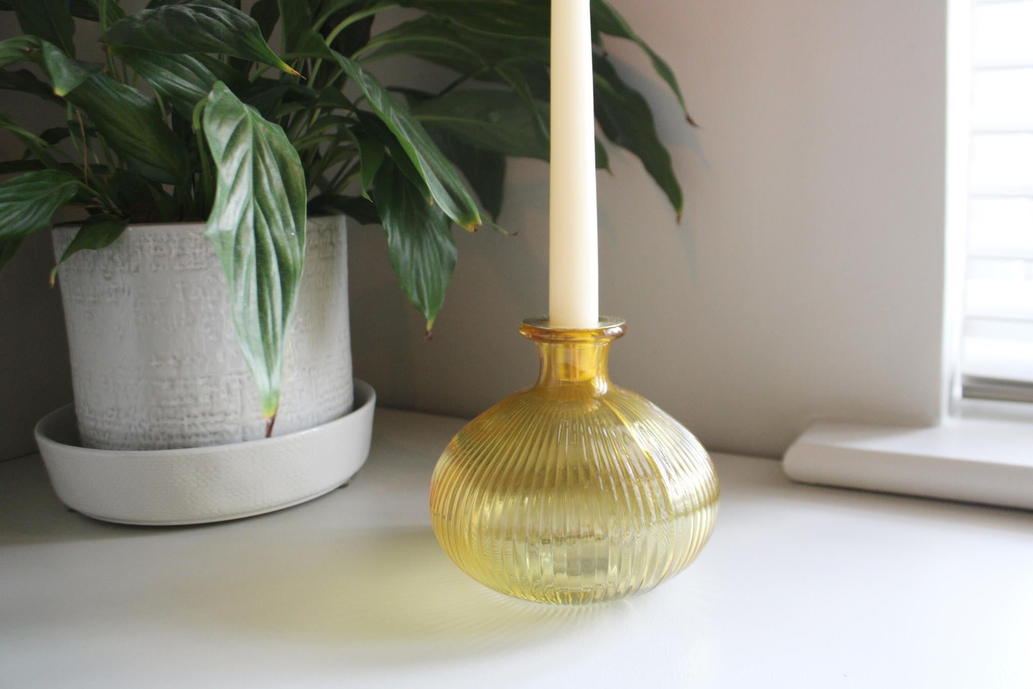 Yellow Ribbed Glass Candle Holder-2