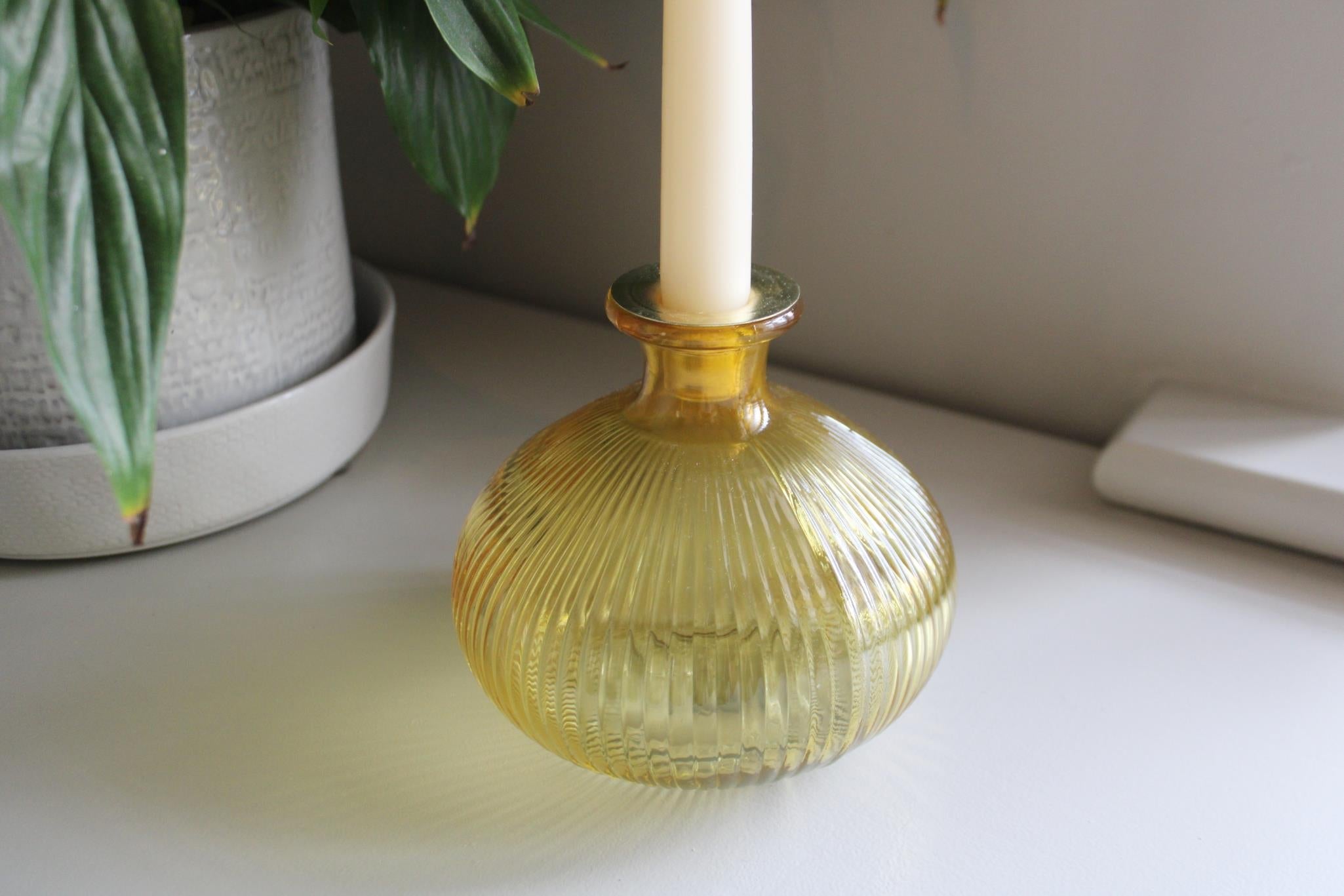 Yellow Ribbed Glass Candle Holder-3