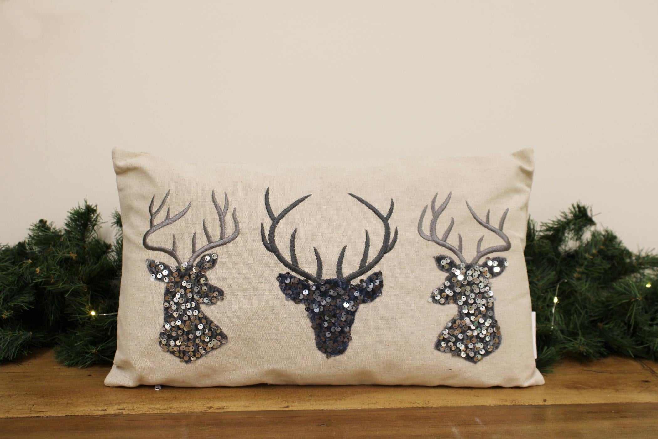 Silver Embellished Reindeer Cushion-1