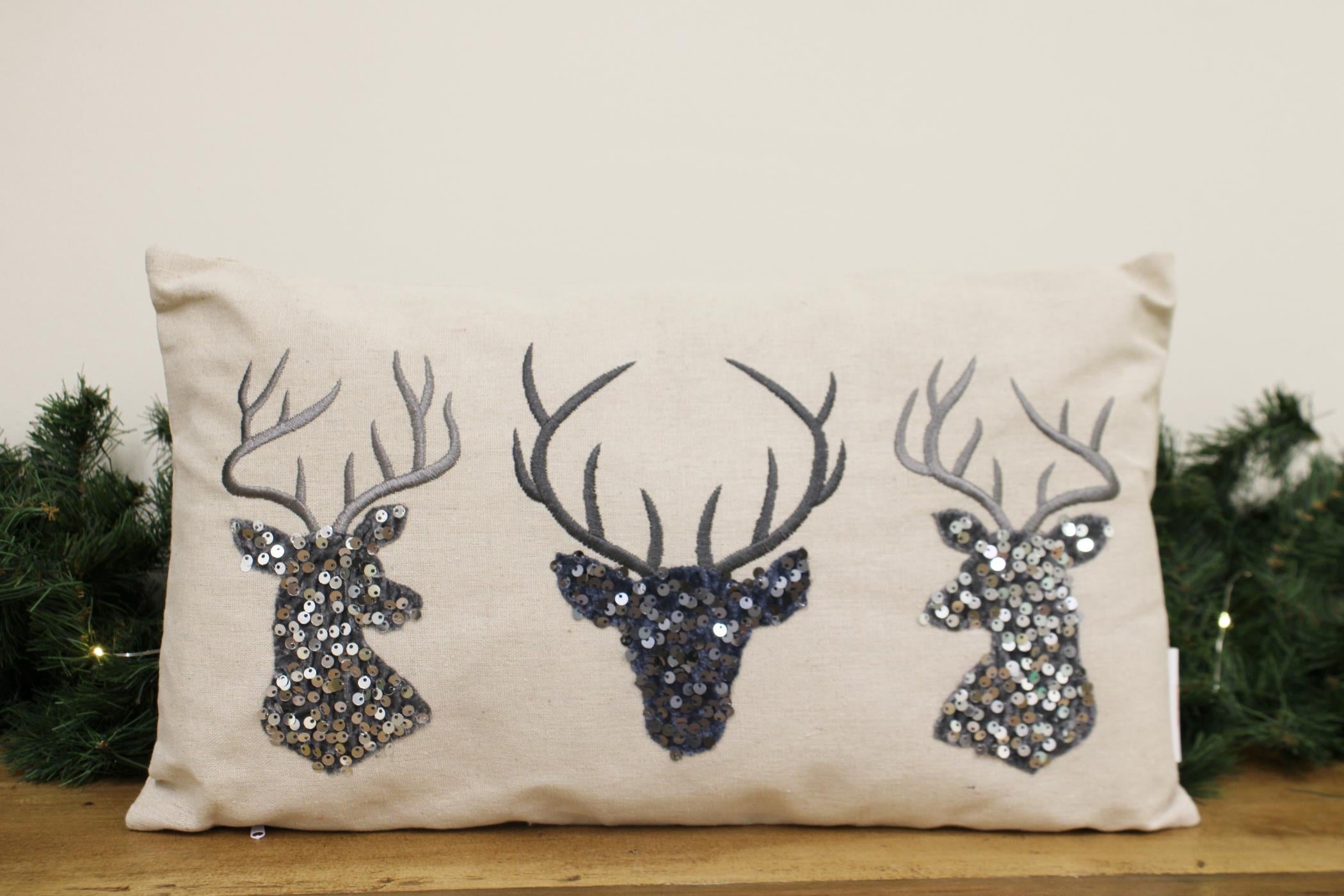 Silver Embellished Reindeer Cushion-2