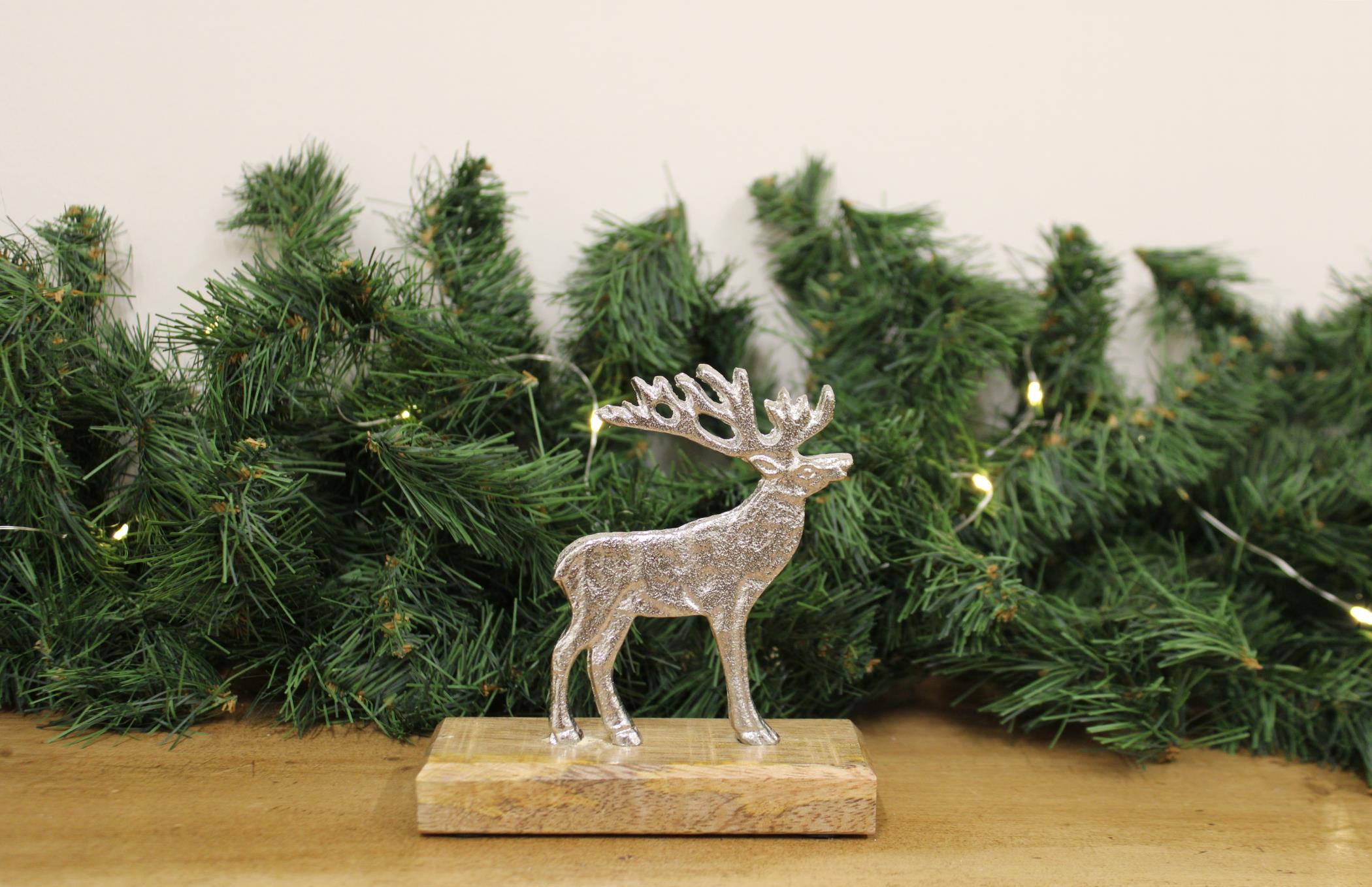 Silver Reindeer On Wood Base-1