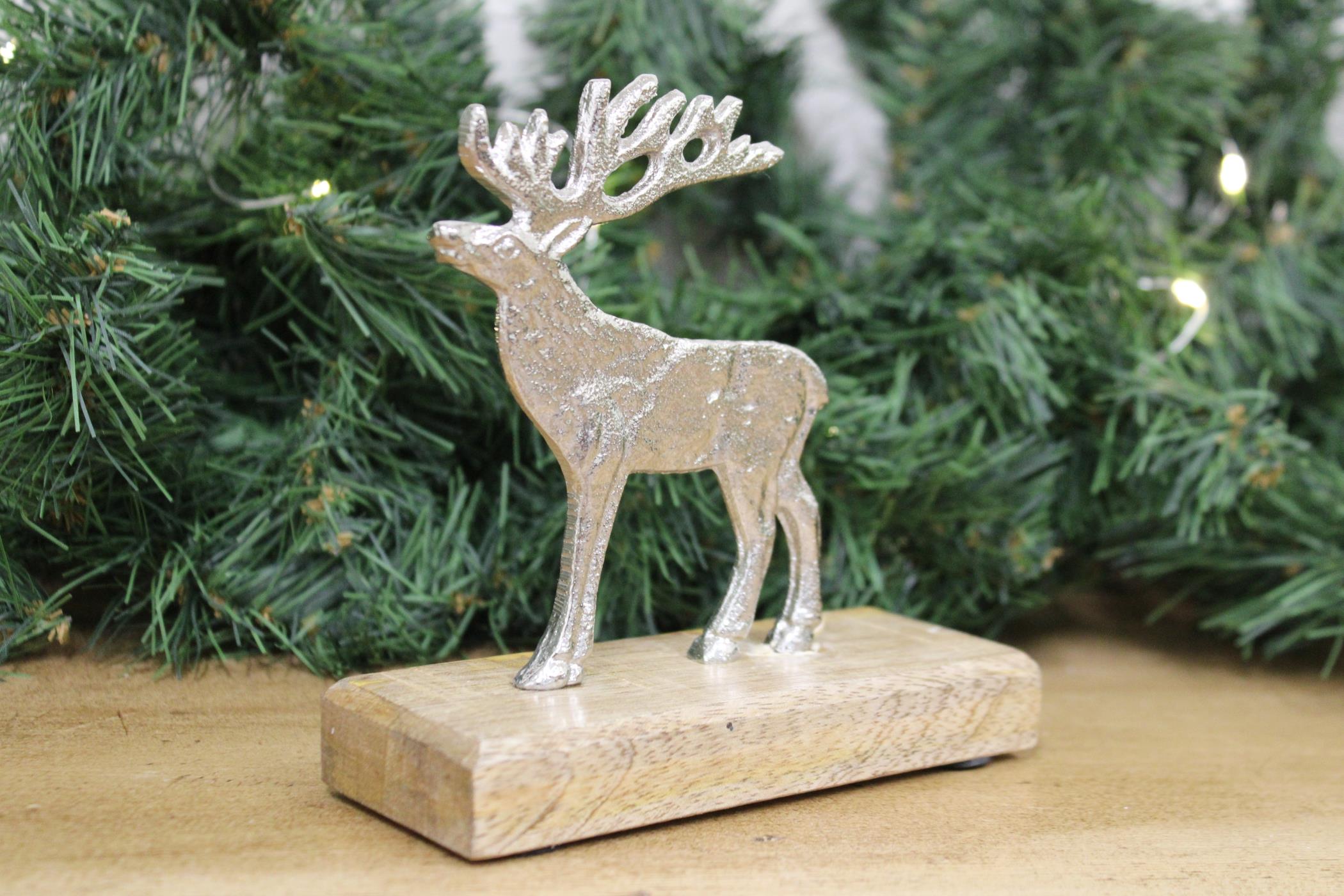 Silver Reindeer On Wood Base-3