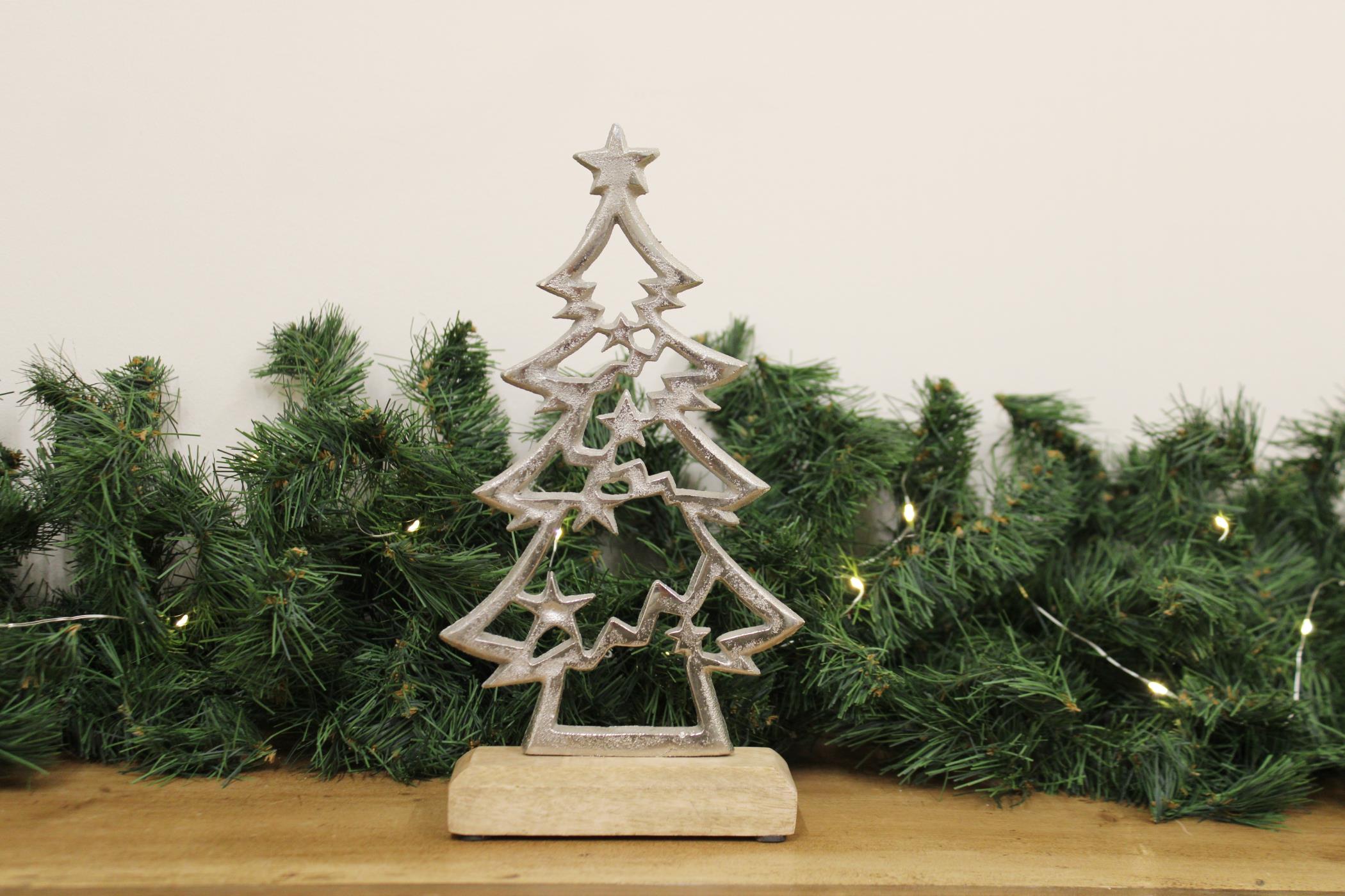 Silver Christmas Tree On Wooden Base Small-1