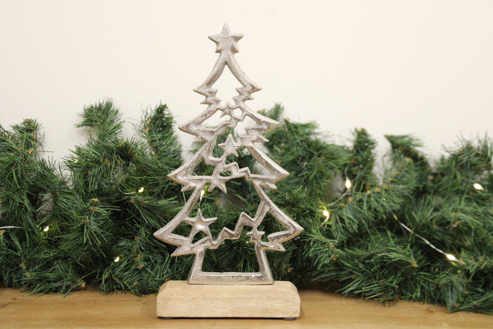 Silver Christmas Tree On Wooden Base Small-2