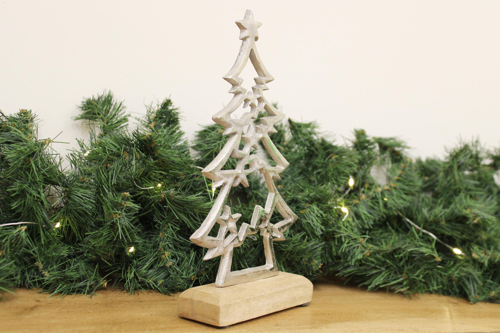 Silver Christmas Tree On Wooden Base Small-3