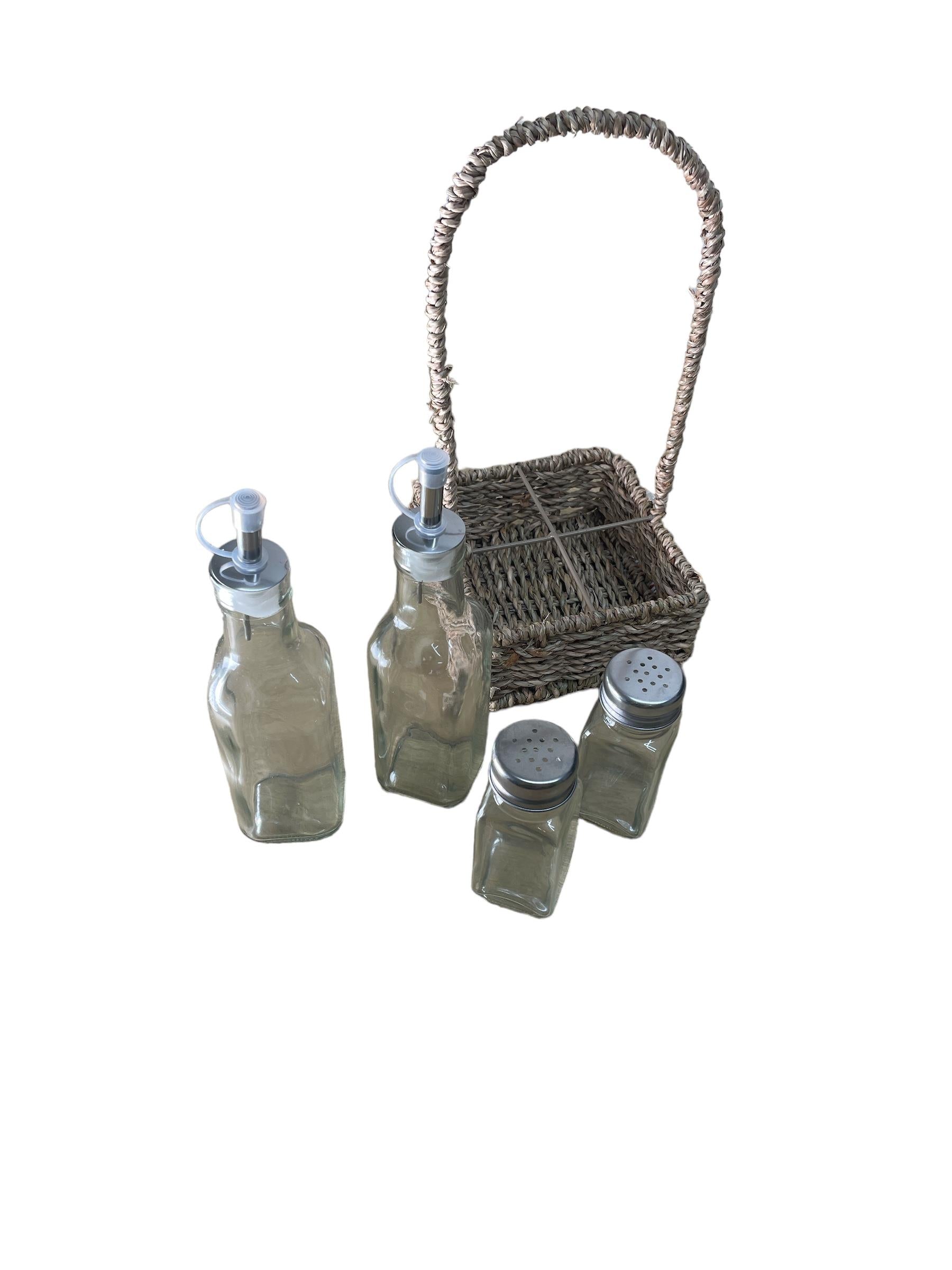 Oils and Cruet Set With Seagrass Holder 30cm-0