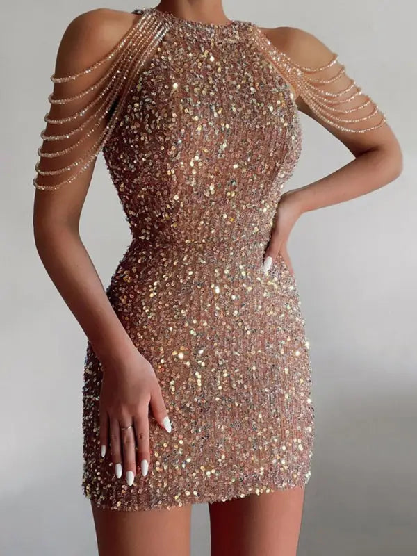 Sequined Chain Beads Bodycon Party Dress-0