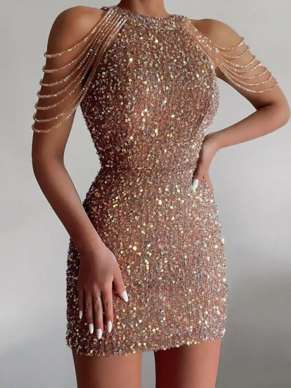 Sequined Chain Beads Bodycon Party Dress-2