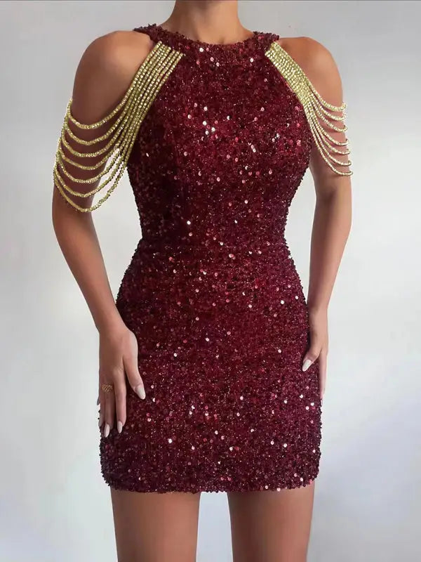 Sequined Chain Beads Bodycon Party Dress-4